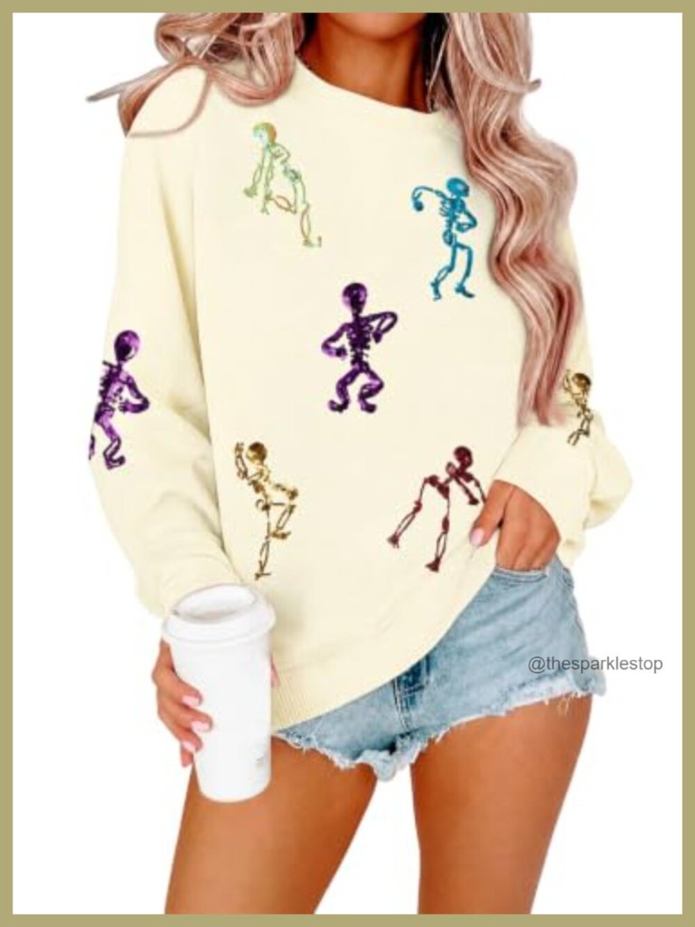 Sequin Skeleton Sweatshirt Women Halloween Spooky Season Pullover